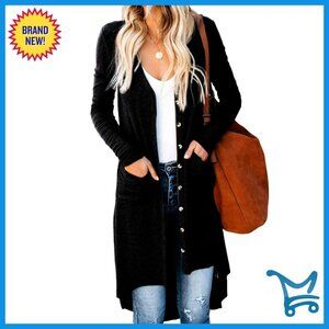 Oversized Open Front Cardigan V-Neck Button Down Knit Sweater with Pockets